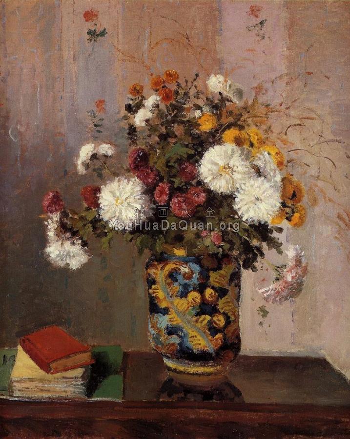 Bouquet of Flowers, Chrysanthemums in a China Vase - 卡米耶·毕沙罗